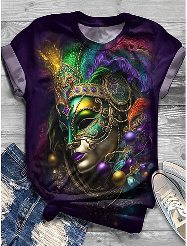  Karneval Dame T skjorte Trykt mønster Grafisk Fargeblokk Fritid Kortermet Crew-hals Rund hals Vanlige topper Daglig Rød Grønn Sommer Vår