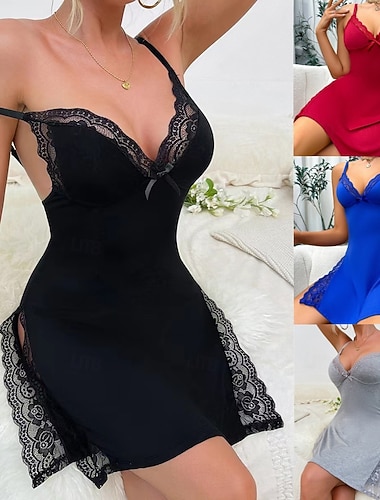  Damen Nachthemd Sexy Lässig Komfort Einfarbig Spitze Täglich Heim Ärmellos V Ausschnitt Blau Schwarz Rosa Grau Sommer Frühling Schmale Passform