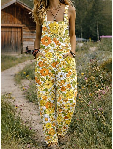  Frauen 100% Baumwolle Latzhosen Aktive Blumendruck Ärmelos Ärmellos Weite Beine Quadrat-Ausschnitt mit Tasche Täglicher Strand Lockerer Schnitt Gelb Pink Lila Sommer