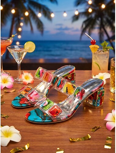 sandali con tacco a blocco trasparenti e colorati con gemme da donna – sandali aperti alla moda per feste estive e outfit casual