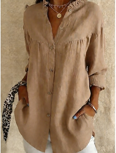  Dame Skjorte Uformell skjorte Bluse Imitert bomullslin Lapper Knapper عادي Stilfull Klassisk Moderne Langermet Høy krage Vanlige topper Daglig Ferie Ut på byen Svart Lilla Kakifarget Sommer Vår
