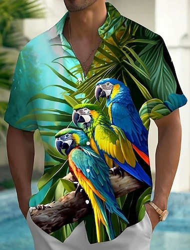  Herren Vogel Papagei Tropische Pflanzen Sommer Hawaiihemd Knopfhemd Alohahemd Kurzarm Hawaiianisch Lässig Urlaub Sommer Frühling Umlegekragen 3D-Druck Hemden mit Kragen Eine Tasche vorne Blau Blau 1