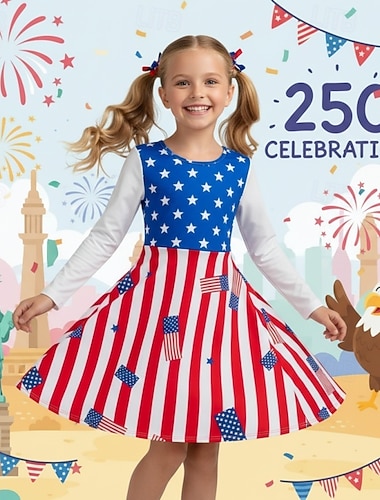 Mädchen' 3D Grafik Gestreift Sterne Kleid Langarm 3D-Druck Frühling Herbst Täglich Urlaub Party Lässig Prinzessin Schön Kinder 4-12 Jahre Freizeitkleid A Linie Kleid Knielang Normale Passform