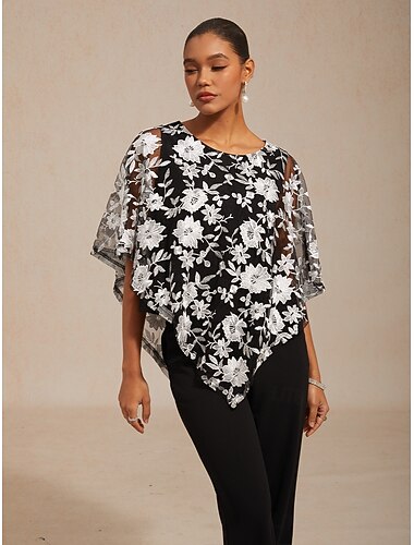 Dame Bluse Blonde topper Blonde Broderi Blomstret Elegant Halvlange ermer Flaggermusermer Crew-hals Daglig Bryllupsgjest Svart Sommer Vår Høst