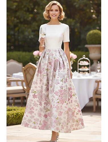  A-Linie Knöchellänge Cocktailkleid Kleid für Hochzeitsgäste Derby-Kleid Brautmutterkleid Kurzarm U-Boot-Ausschnitt Elegant Formell Kentucky Derby Jacquard mit Falten Farbblock