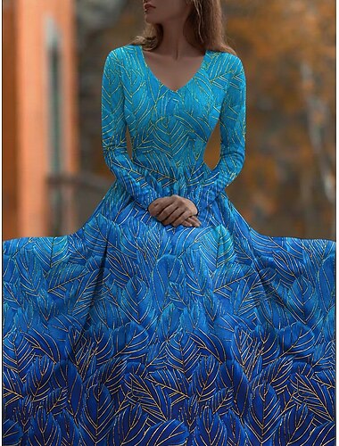  Damen Maxikleid Faltenkleid Party Lässig Boho Täglich Date Ausgehen Normale Passform Blumen Langarm V Ausschnitt Blau Grün Sommer Frühling