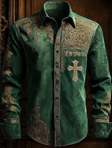  St. Patrick's Day Herren Keltisches Kreuz Keltischer Knoten Hemd Button-Up Hemd Langarm Vintage Retro Party Feiertag Frühling Herbst Umgeklappt 3D-Druck Leinenähnliches Hemd Grün 1 Grün
