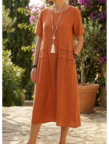  Per donna Abito Midi Misto cotone Abito a Tubino Abiti in cotone e lino Vestito Casual Classico Moderno Quotidiano Weekend Vestibilità regolare Semplice Manica Corta Girocollo Blu Nero Giallo Rosa