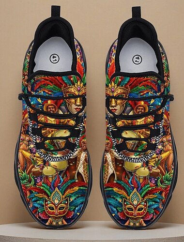  Tênis masculino colorido de Mardi Gras – couro sintético com estampas vibrantes, perfeito para o carnaval, eventos de Mardi Gras e festas temáticas.