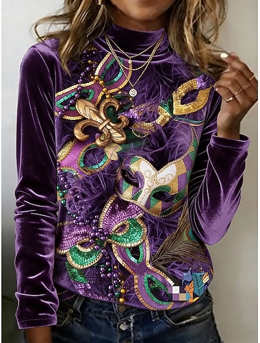  Carnaval Mardi gras Dames Tuniek T-shirts Afdrukken Ombre Grafisch Elegant Vintage Modieus Lange mouw Hoge nek Normale tops Dagelijks Uitgaan Weekend Paars Groen Lente Herfst Winter