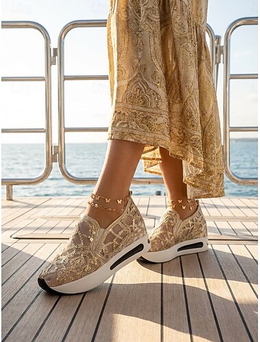  sneakers slip-on da donna in rete con paillettes dorate e suola con plateau - scarpe casual eleganti per feste e occasioni speciali