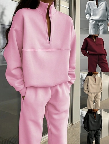  Dames Tweedelige sets Trainingspak Broeken Sets Lange mouw Opstaand Effen Kleur Trekkoord Modieus Streetwear Casual Dagelijks Buiten Zwart Blozend Roze Wijn Herfst Normale pasvorm