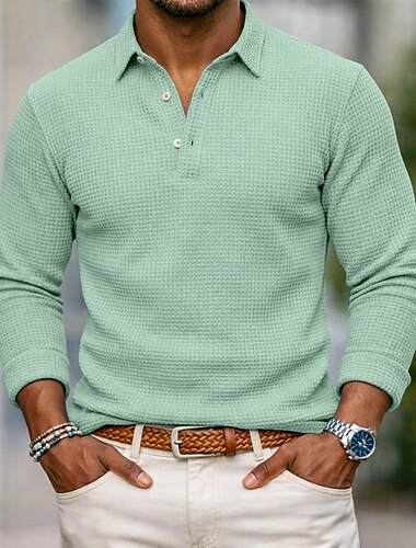  Herren Hemd Waffelhemd Freizeithemd Stehkragenhemd Knopfhemd Wein Marineblau Grün Leicht Blau Langarm Einfach Revers Henley Lässig Täglich Bekleidung Mode Modern Lässig Bequem