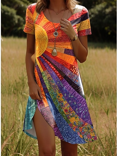  Damen Minikleid T-Shirt-Kleid A Linie Kleid Sommerkleid Lässig Täglich Normale Passform Grafik Geometrisch Kurzarm V Ausschnitt Rundhalsausschnitt Blau Schwarz Rosa Orange Sommer Frühling