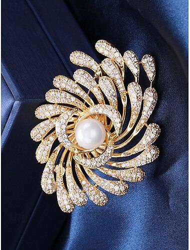  Broche pour femme en alliage avec perle d'imitation, coloris or et argent, élégant motif de feux d'artifice en spirale, idéale pour les mariages et les dîners formels.