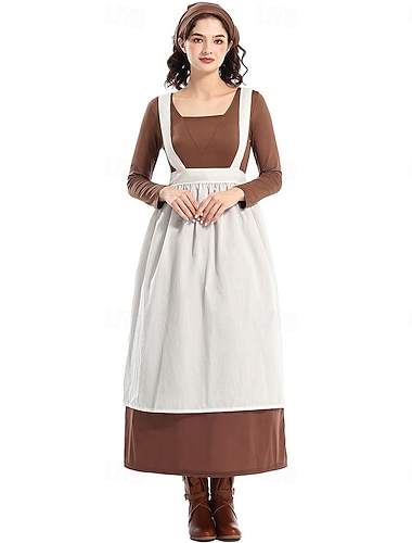  250e anniversaire des États-Unis 19ème siècle années 1800 Longueur cheville Robe Prairie Ensemble bonnet et tablier Manches longues Fille pionnière Epoque Coloniale Pionnier Guerre d'indépendance