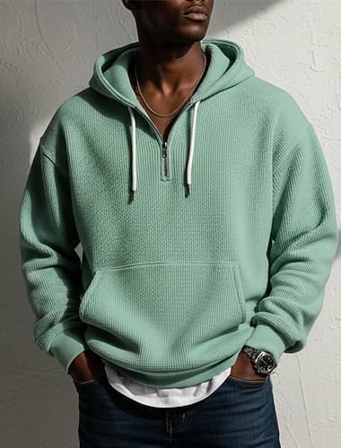  Herren Kapuzensweatshirt Waffle Kapuzensweatshirt Pullover Kapuzensweatshirt Viertelreißverschluss Kapuzensweatshirt Aprikose Weinrot Schwarz Weiß Hellgrün Mit Kapuze Einfach Kängurutasche