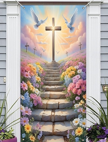  Ostertürdekoration mit Kreuz und Tauben, farbenfrohes Treppenhausmotiv mit Blumenmuster, christliche Dekoration für die Karwoche, perfekt für Ostern und als Außendekoration.