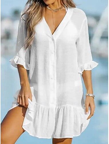  Damskie Sukienka mini Sukienka letnia Biała sukienka Moda Nowoczesny Na zewnątrz Plaża Urlop Luźna Równina Długi rękaw W serek Czarny Biały Khaki Lato Wiosna Jesień