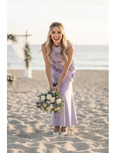  Linjeform Gulvlengde Festkjole Gjestekjole til bryllup Gjestekjoler til bryllup Elegant Ermeløs Høyhalset Bryllup Festklær med 3D-blomster