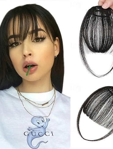  Clip-in-Pony, fransiger Pony, Haarspange, natürlicher Fake-Pony mit Schläfenpartie, Haarteile für Damen, Clip-in-Fake-Pony, Haarverlängerungen für den Alltag, dunkelschwarz