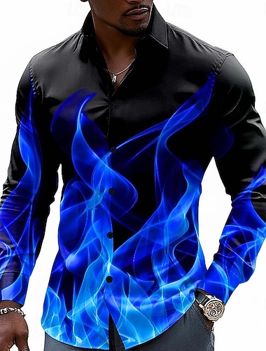  Herren Optische Täuschung Flamme Neonleuchten Hemd Knopfhemd Lässiges Hemd Langarm Modisch lässig Streetwear Urlaub Frühling Herbst Umlegekragen 3D-Druck Hemden mit Kragen Blau Grün Dunkelblau
