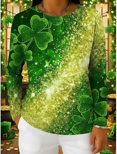  Fête de la St. Patrick Femmes T-shirt Imprimé Trèfle Mode Classique Occasionnel manche longue Col ras du cou Hauts Réguliers Quotidien Week-end Vêtements de vacances Vert Claire Vert foncé Vert Ét