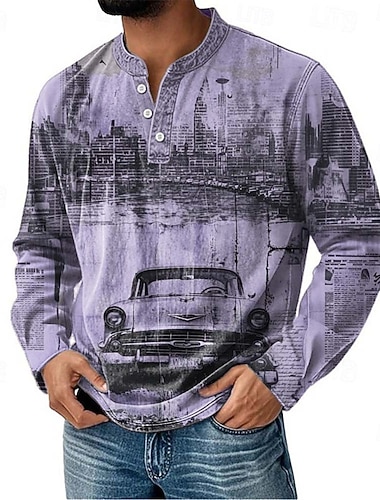  Homens Gráfico Carro Camisa Henley Manga Longa Vintage Moda Estilo bonito Casual Feriado Para Noite Primavera & Outono Estações Cruzadas Azul Cinzento Roxo cáqui Henley Camiseta Henley