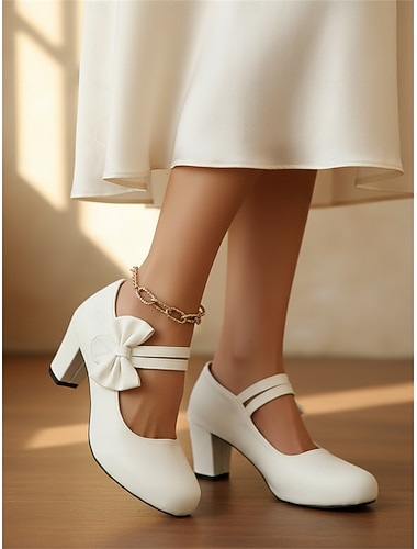 Scarpe col tacco Mary Jane bianche vintage anni '50 da donna - eleganti décolleté con punta tonda e tacco a blocco con fiocco laterale - classiche scarpe retrò da pin-up per occasioni formali