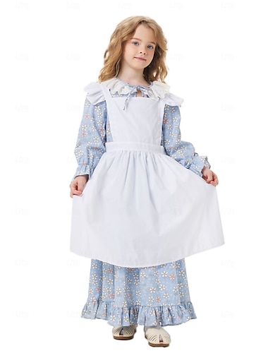  250º Aniversário EUA Período colonial século 19 Vestido Pradaria Conjunto de touca e avental Manga Comprida Garota Pioneira Colonial Guerra Revolucionária Floral Fantasia Para Meninas Dia Das Bruxas
