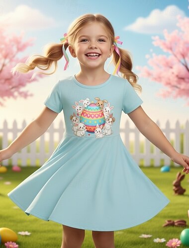  Pääsiäinen Tyttöjen 3D Kuvitettu Kani Pupu Mekko Lyhythihainen 3D-tulostus Kesä Kevät Päivittäin Loma Juhla söpö tyyli Perus Vapaa-aika Lapset 4-12 vuotta Rento mekko A linjainen mekko Polvipituinen