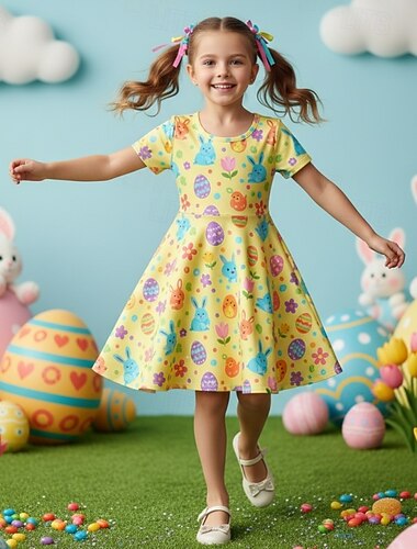  Páscoa Meninas 3D Gráfico Coelho Vestido Manga Curta Impressão 3D Verão Primavera Diário Férias Festa Estilo bonito Básico Casual Infantil 4-12 anos Vestido casual Vestido A Line Altura dos Joelhos