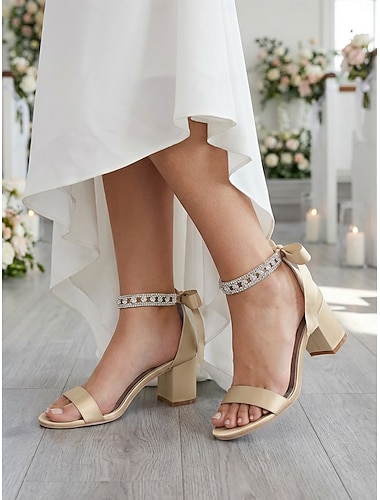  Damessandalen met zilveren blokhak, open teenschoenen met kristallen enkelbandje voor bruiloften in de kerk.