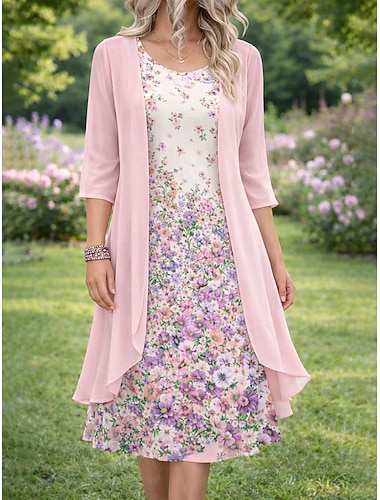  Damen Kleid-Set A Linie Kleid Elegant Urlaub Blumen Grafik Geschichtet Druck Minikleid Halbarm Rundhalsausschnitt Täglich Blau Rosa Orange Sommer Frühling Lässiger Schnitt