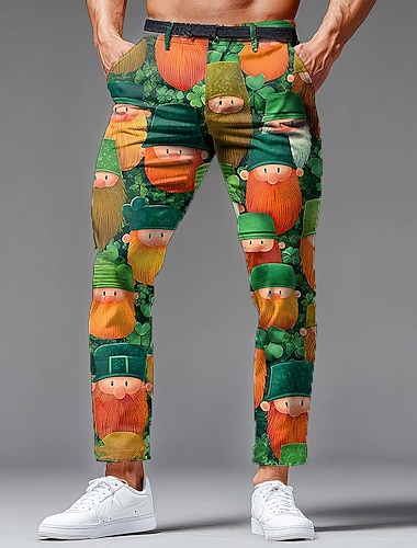  Calças Masculinas do Dia de São Patrício com Charme de Cartum Leprechaun Calças de Vestir Calças de Terno Cintura Média Vintage Retro Férias Calças Ajustadas com Bolsos Primavera Outono Impressão 3D