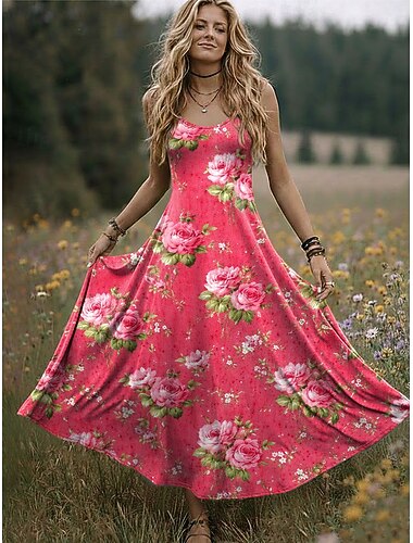  Kvinnors Maxi Klänning Boho Sommarklänning Semester Avslappnad Strand Regular Passform Blommig Grafik Ärmlös Crew Neck U Neck Mörk Rosa Orange Grön Beige Sommar Vår