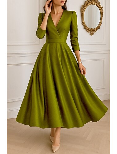  Ligne A Longueur cheville Robes de Cocktail Élégant ancien Manche 3/4 Col en V Formel Poche Taffetas avec Plis Froncé Poche