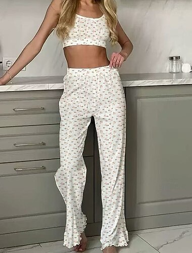  Naisten loungewear Yöpukusarja Muoti Yksinkertainen Vapaa-aika Kukka Joustava vyötärö Housut Koti Loma Hihaton Tiukka pyöreä kaula-aukko Beesi Kevät Syksy Räätälöity istuvuus