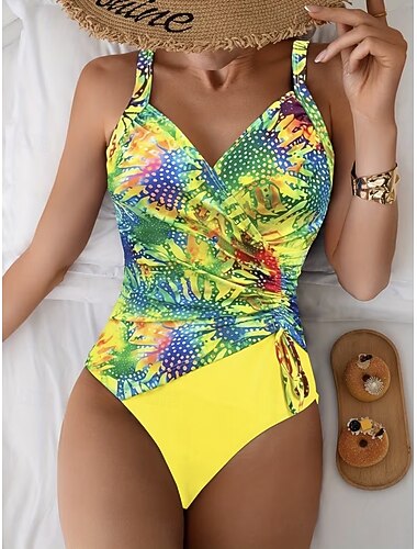  Per donna Costumi da bagno Intero Taglio alto Costume da bagno Arricciato Coulisse Elegante Vacanza Floreale Grafico Scollo a V Senza Maniche Costumi da bagno