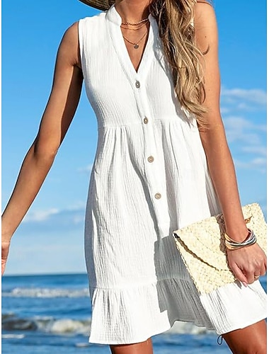  Dam Mini klänning Vit klänning Strandklänning Cover Up Elegant Vintage Mode Dagligen Utomhus Strand Lös passning Slät Ärmlös V-hals Vit Sommar Vår