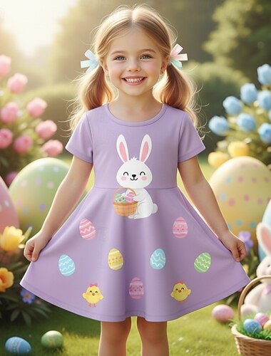  Pasqua ragazze' 3D Grafico Coniglio Abito Manica Corta Stampa 3D Estate Primavera Quotidiano Vacanza Feste Carino Essenziale Casual Bambini 4-12 Anni Vestito Casual Abito a trapezio Lunghezza al