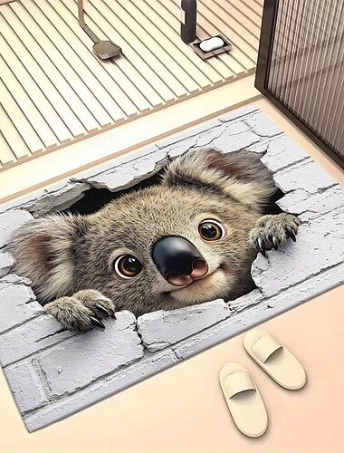  Tapete de entrada com ilusão de ótica 3D, impressão plana 2D, adorável coala espiando por uma parede de tijolos rachada, design de animal.