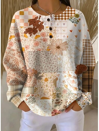  Damen Pullover Sweatshirt Knöpfe Grafik Geometrisch Mode Lässig Druck Langarm Rundhalsausschnitt Normale Oberteile Lässig Heim Arbeit Weiß Rosa Orange Frühling Herbst