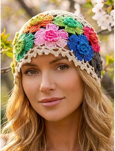  Damesmuts met gehaakte bloemen, verkrijgbaar in verschillende kleuren, gebreid materiaal, perfect voor casual lente- en zomerkleding.