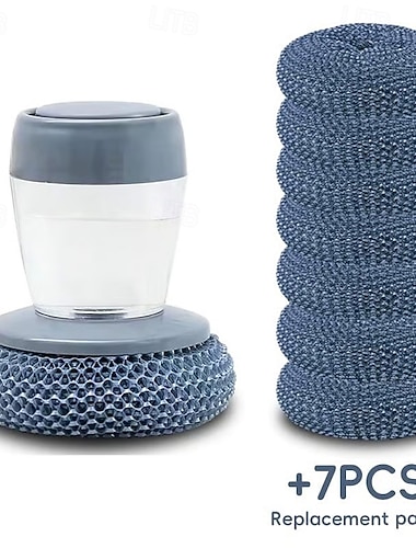  1 Spülbürste mit Seifenspender und 7 Ersatzteilen, Spülbürste mit Seifenspender, multifunktionales Reinigungswerkzeug mit Druckmechanismus, platzsparender Küchen-/Bad-/Grillreiniger für Geschirr,