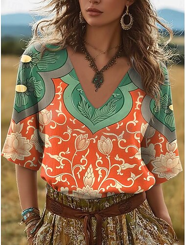  Vrouwen Linnenachtige Faux Katoen Linnen Boho T-shirt Bloemig Grafisch Vintage Stijlvol Klassiek Korte Mouw V-hals Reguliere Tops Dagelijkse Weekend Vakantie Wear Print Rood Oranje Zomer Lente