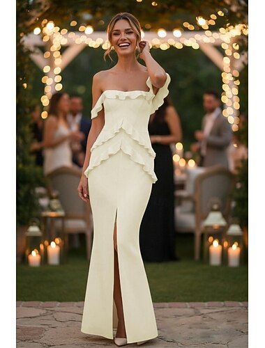  Sirène Trompette Fourreau Colonne Longueur au sol Robe Blanche petite robe blanche Robe de Soirée Élégant Dos Nu Sans manches Épaules Dénudées Mariage Formel Crêpe Extensible Dos nu avec Froncé Fente