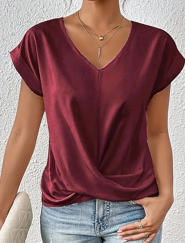  Dames T-shirt Effen Kleur Klassiek Casual Korte mouw V-hals Normale tops Dagelijks Uitgaan Weekend Zwart Wit Blozend Roze Wijn Marineblauw Zomer Lente
