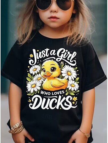  100% Baumwolle Kinder Mädchen Schwarz Grafik Ente T-Shirt Rundhalsausschnitt Kurzarm Urlaub Sport & Outdoor Alltagskleidung Urlaub Mode Lässig Drucken Sommer Frühling
