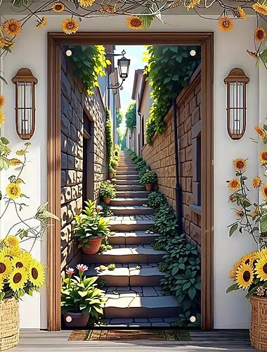  Banner 3D de porta de beco antigo com escadas de pedra, vista de rua mediterrânea, cortina de entrada realista para decoração de porta de entrada e casa.